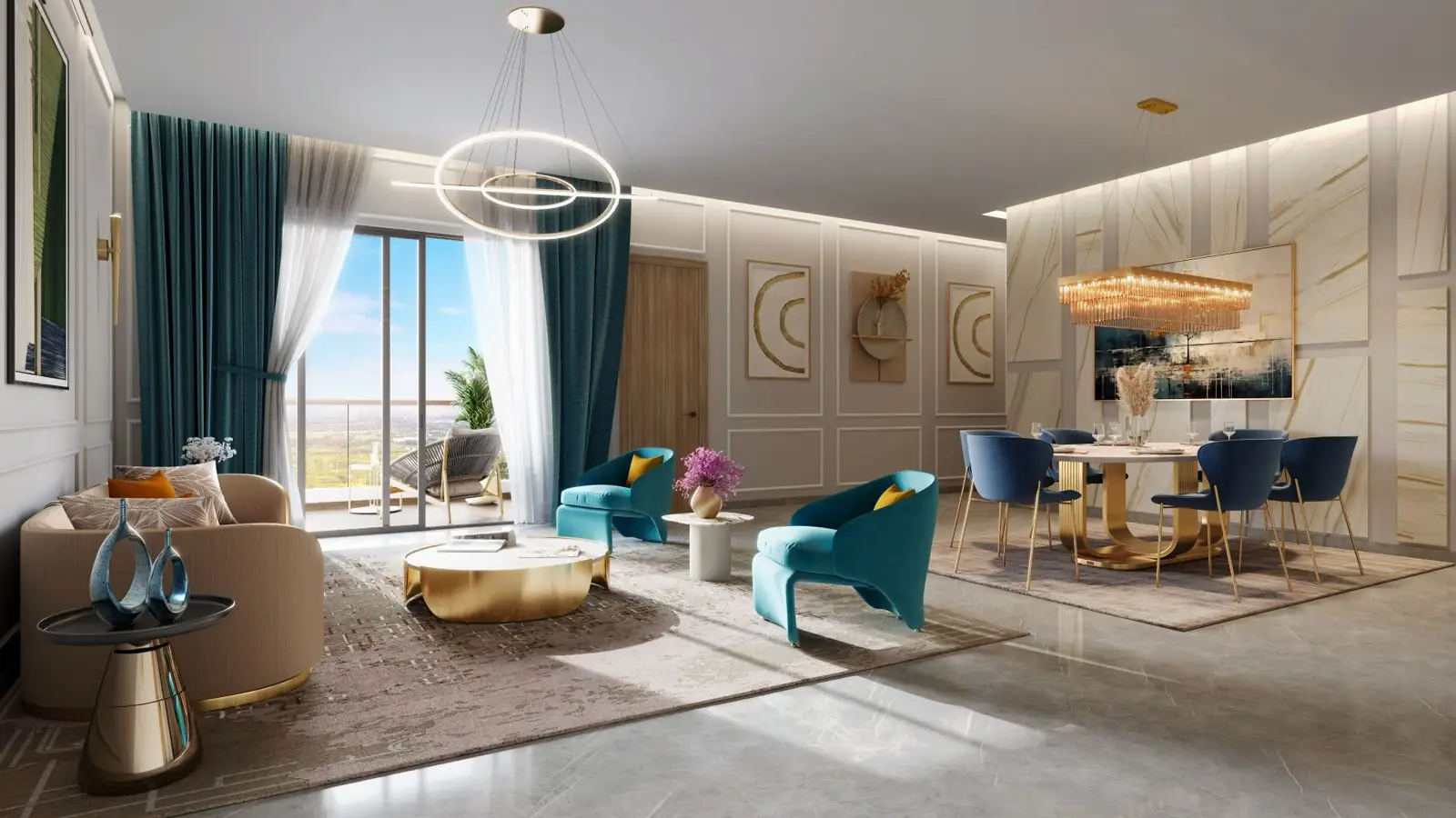 Luxury living and dining interior with gold and teal accents and a skyline view