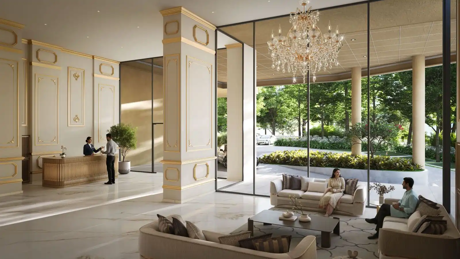 Parisian grand entrance lobby with crystal chandelier, gold columns and garden view