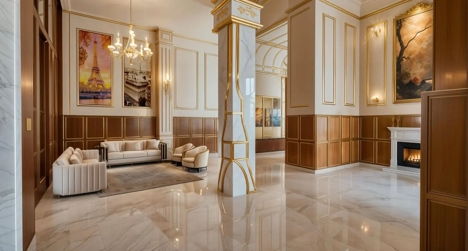 Parisian lobby lounge with Eiffel Tower artwork, gold trim and fireplace