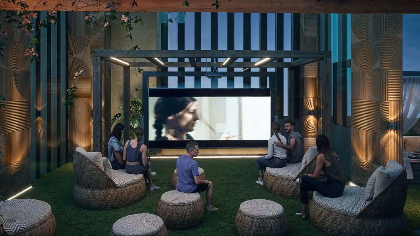 Open-air rooftop screening theatre at dusk